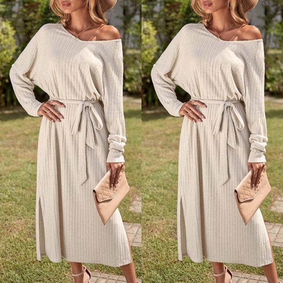 π CASUAL BEIGE RIBBED LOOSE FIT BELTED MIDI DRESS! - Picture 3 of 5